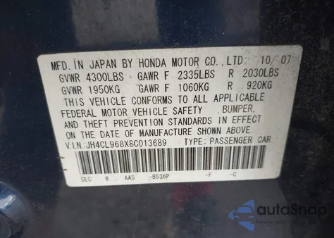 2008 Acura Tsx z USA, uszkodzony, nr VIN JH4CL968X8C013689